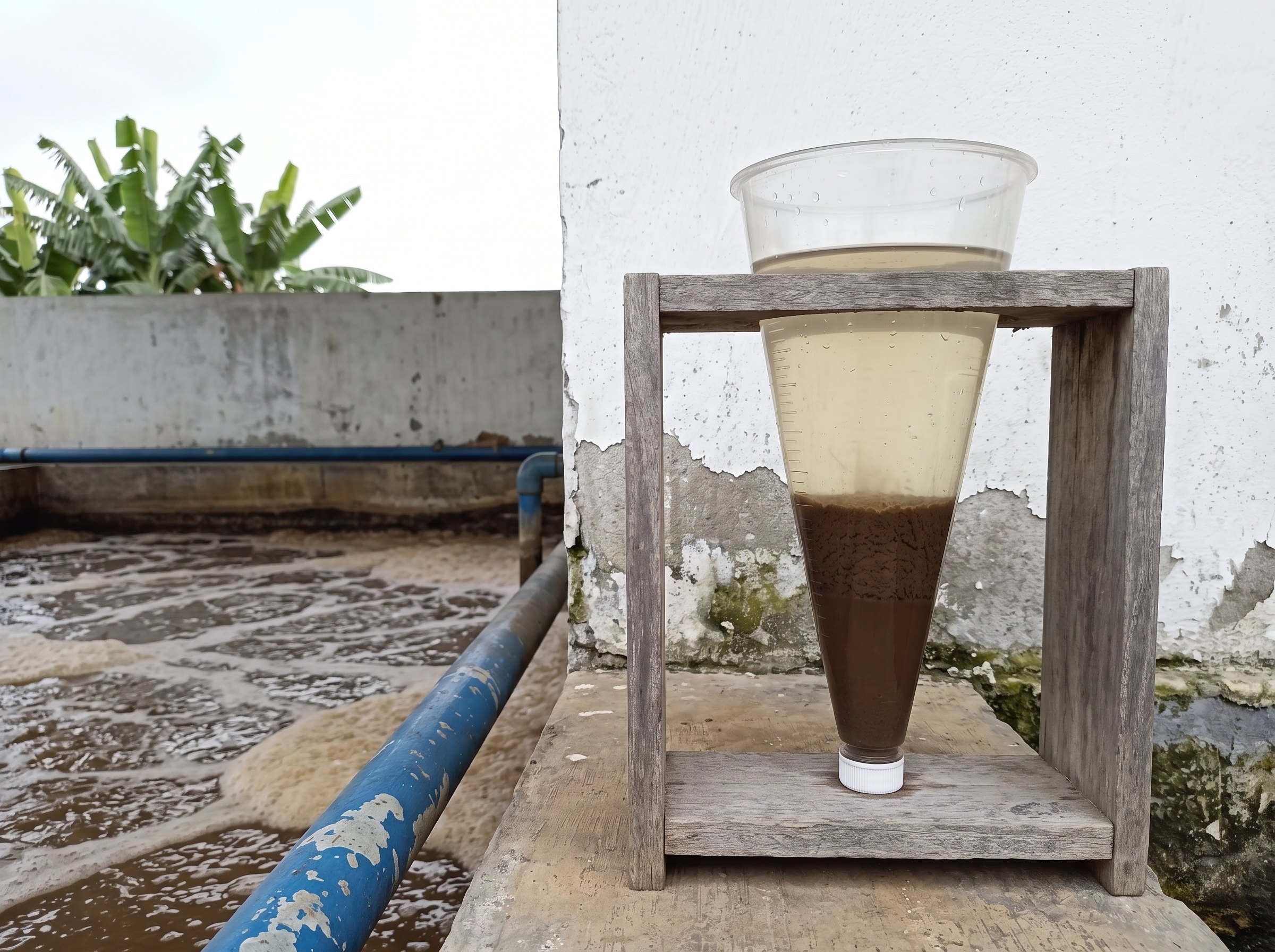 Illustration of a settling test beside an aeration basin: brown sludge settled in the lower part of a clear plastic cone in a wooden rack, under pale, nearly clear water.