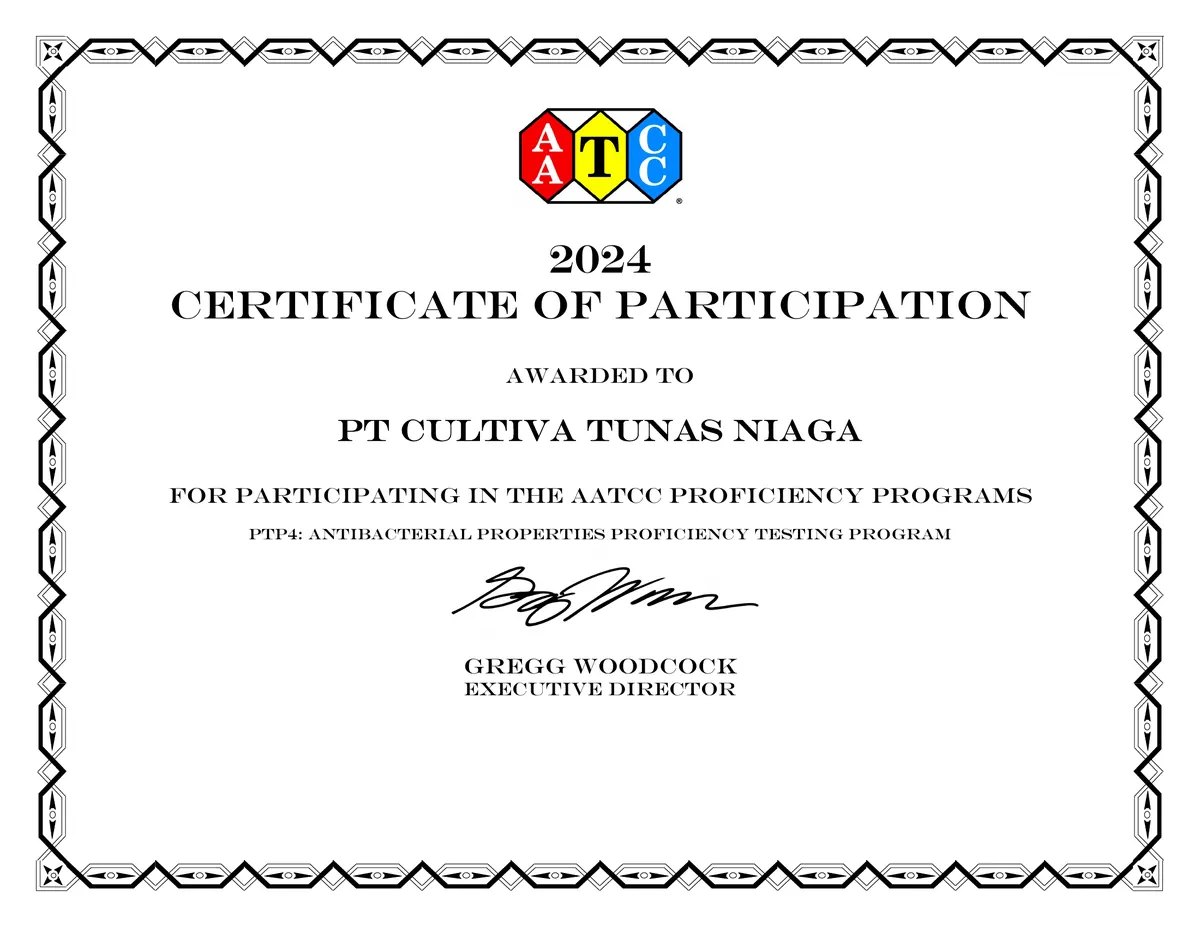AATCC 2024 Certificate of Participation awarded to PT Cultiva Tunas Niaga for the PTP4 antibacterial properties proficiency testing program.