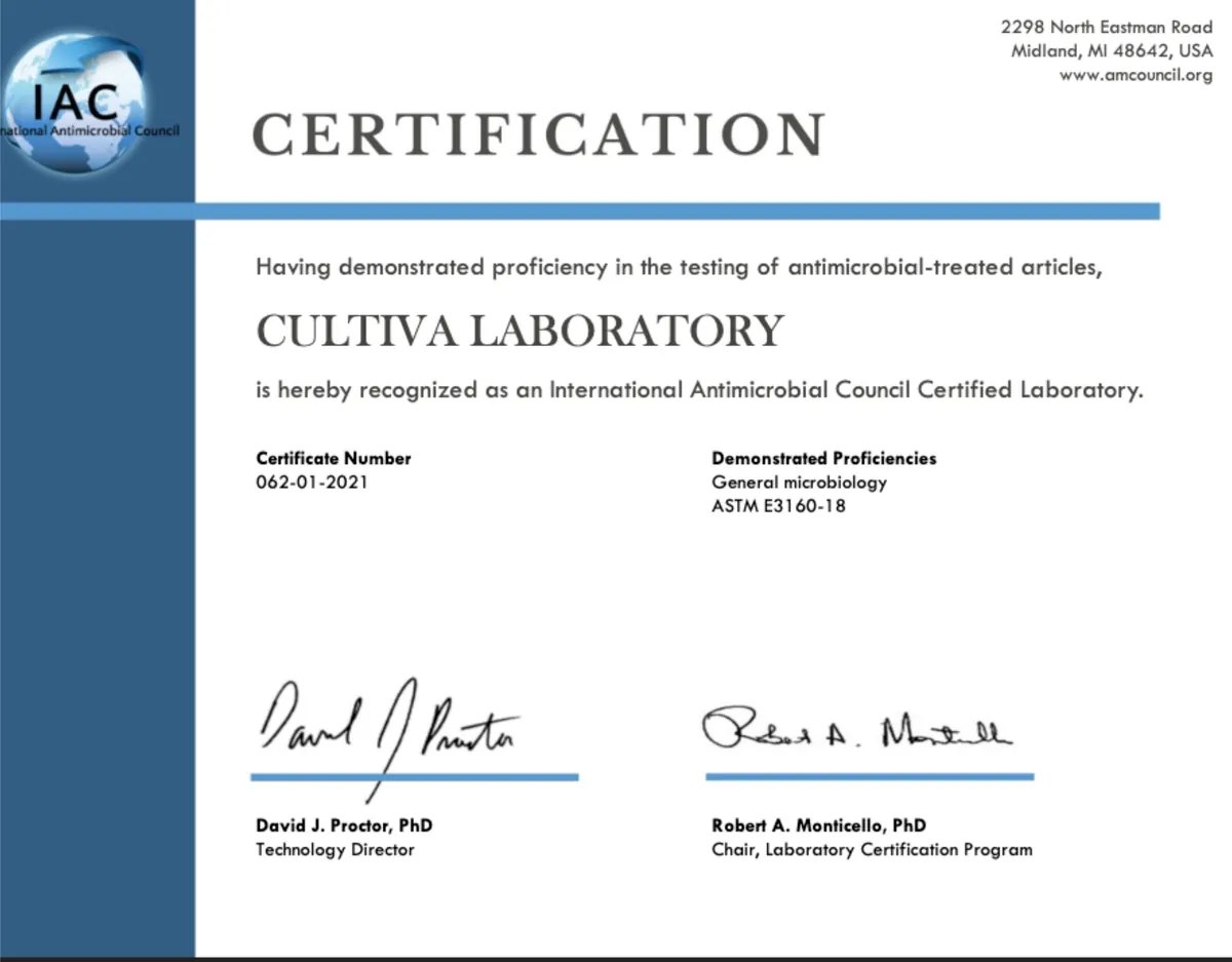 International Antimicrobial Council certification awarded to Cultiva Laboratory, certificate number 062-01-2021.