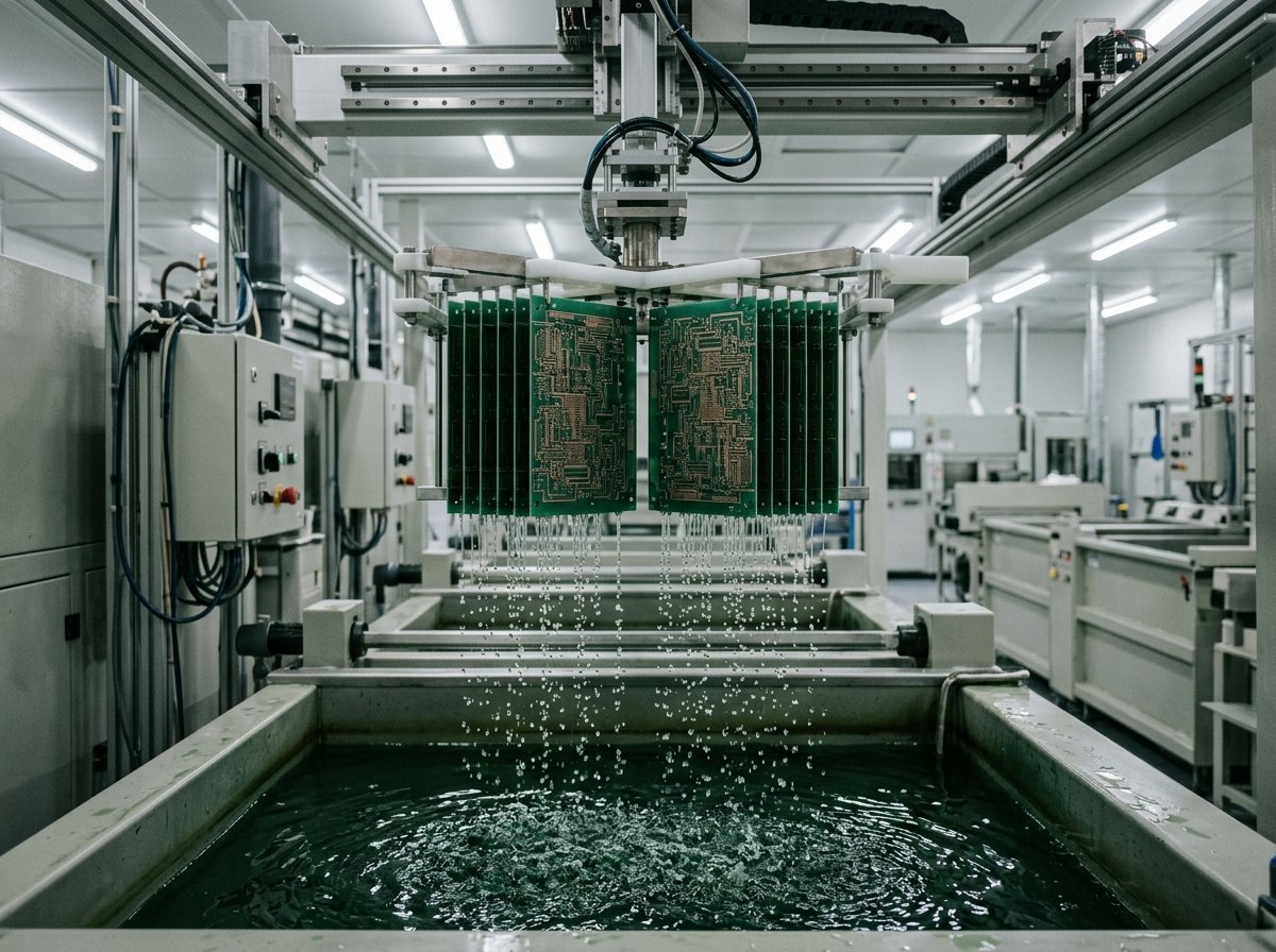 A rack of printed circuit boards lifted dripping from a process bath on a wet-processing line.