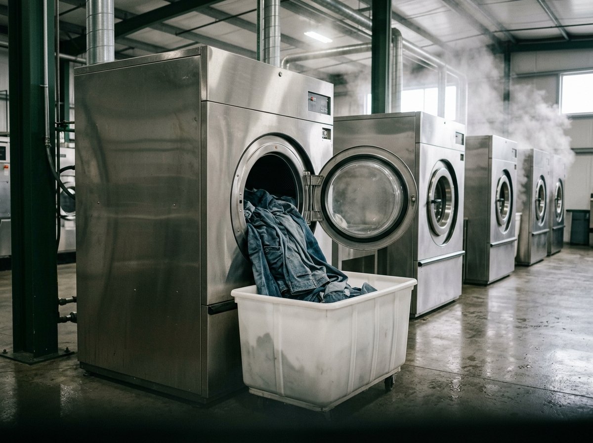 Industrial washer-extractors in a garment laundry, washed denim spilling into a cart.