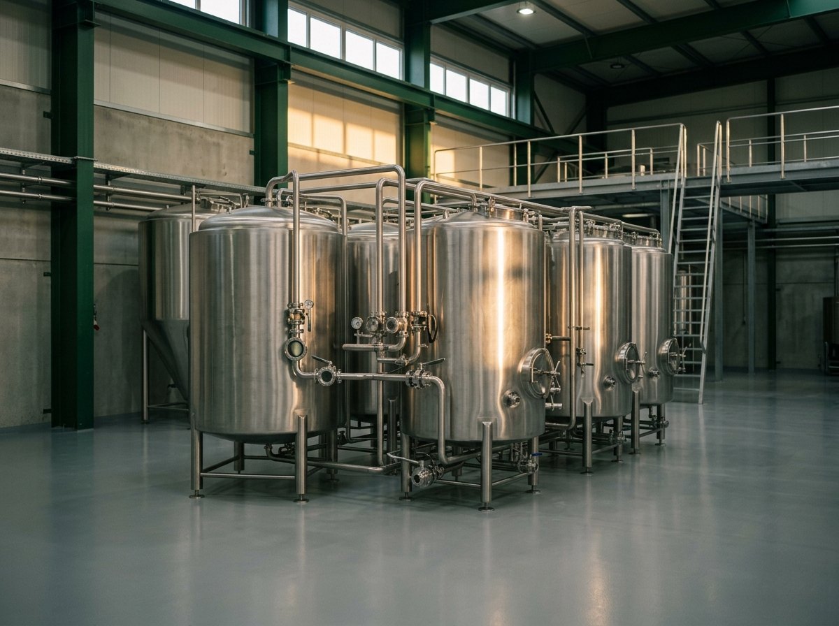 Stainless fermentation and starch-conversion tanks joined by pipework in a processing plant.
