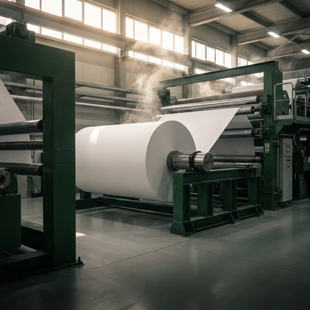 A reel of freshly made paper winding at the dry end of a paper machine.
