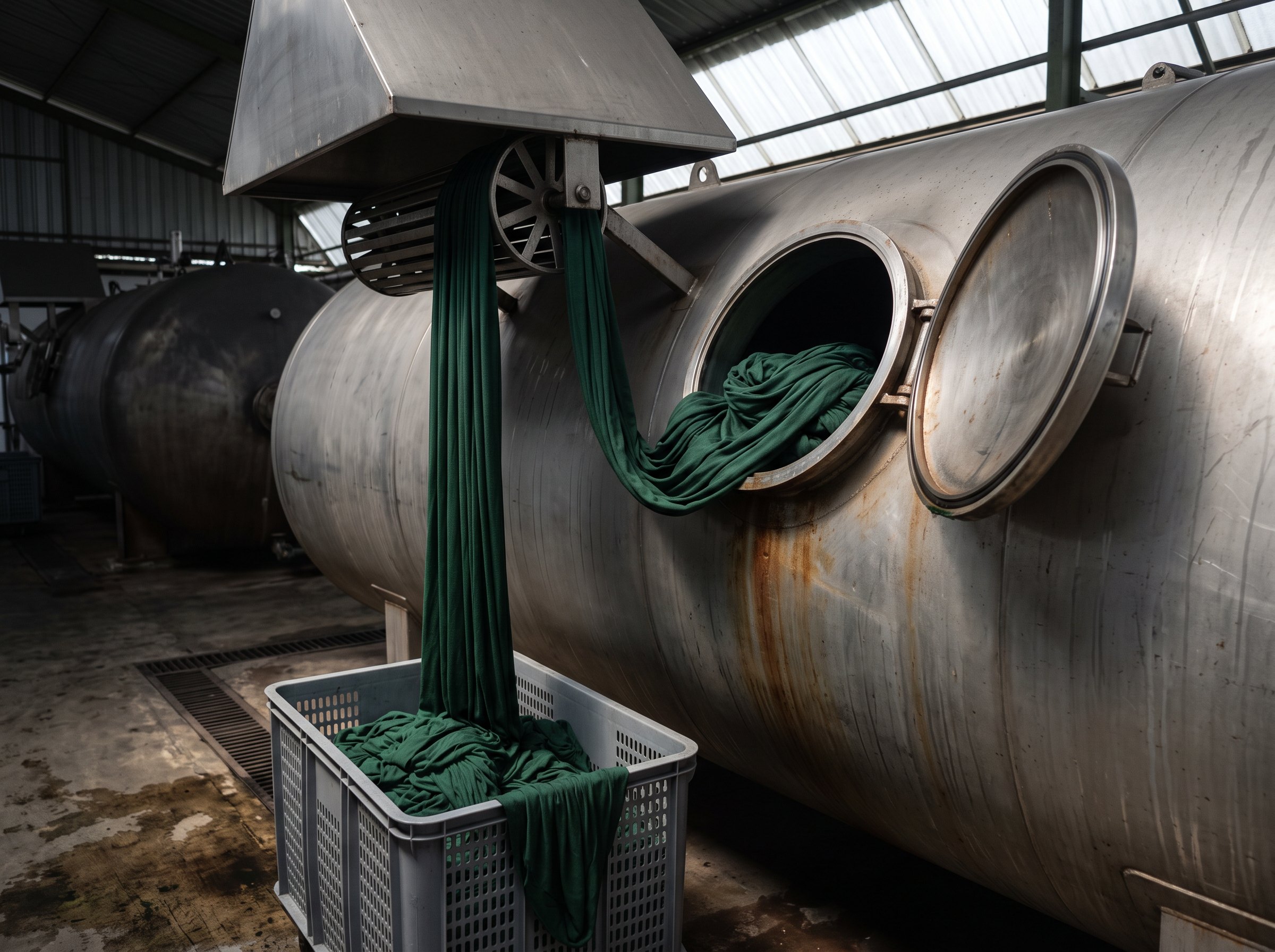 A jet dyeing machine unloading its batch: green-dyed cotton jersey drawn from the open hatch over a reel into a trolley.