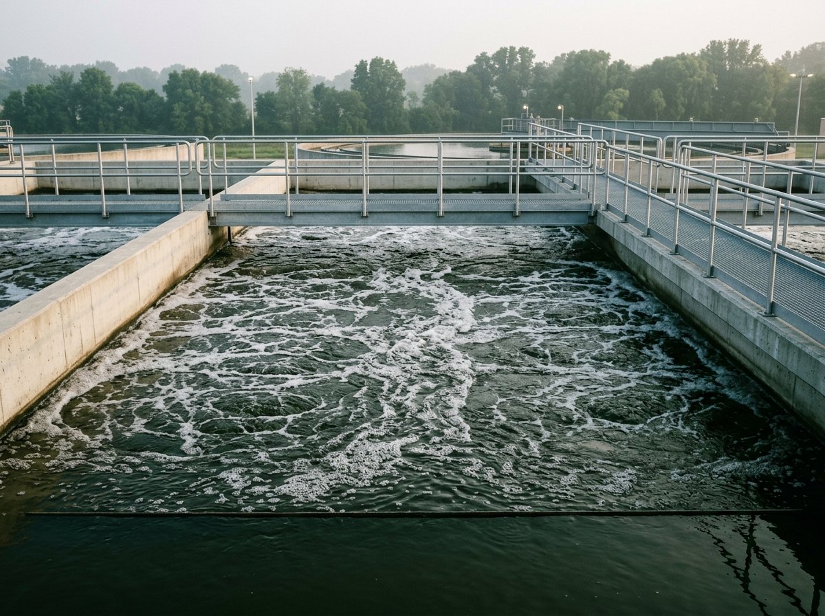 An aeration basin churning at a wastewater treatment plant, walkway and clarifier behind.